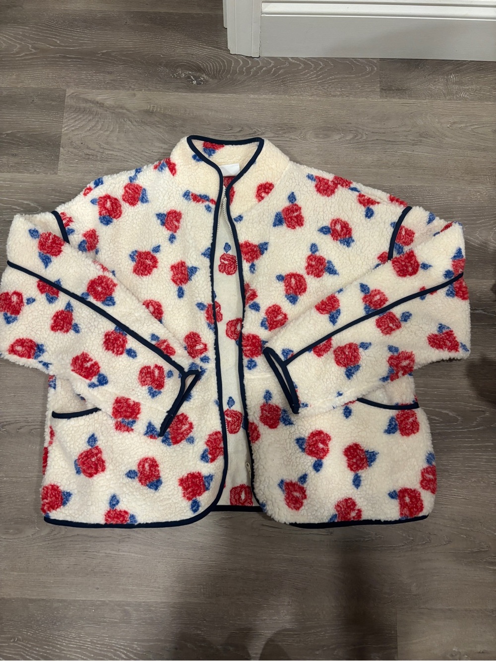 White Sherpa Jacket with Red Floral Print